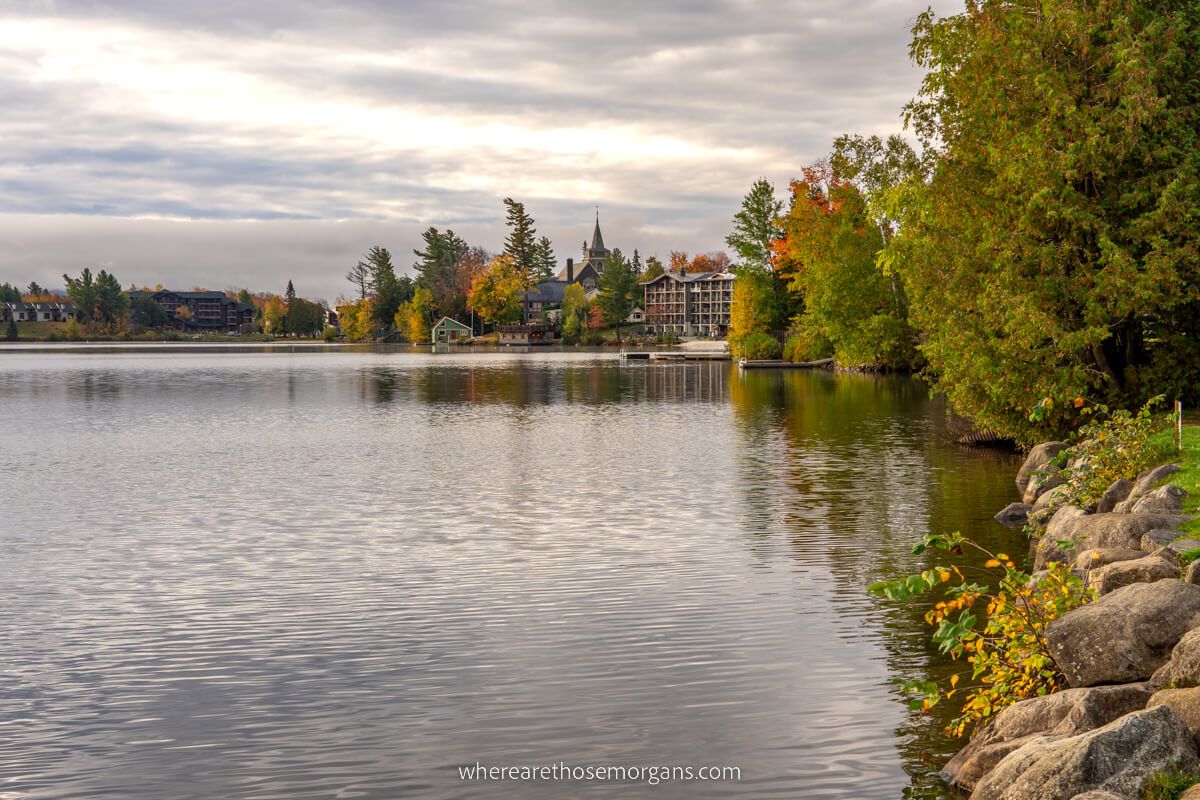 Sunset over the edges of Mirror Lake in Lake Placid, New York