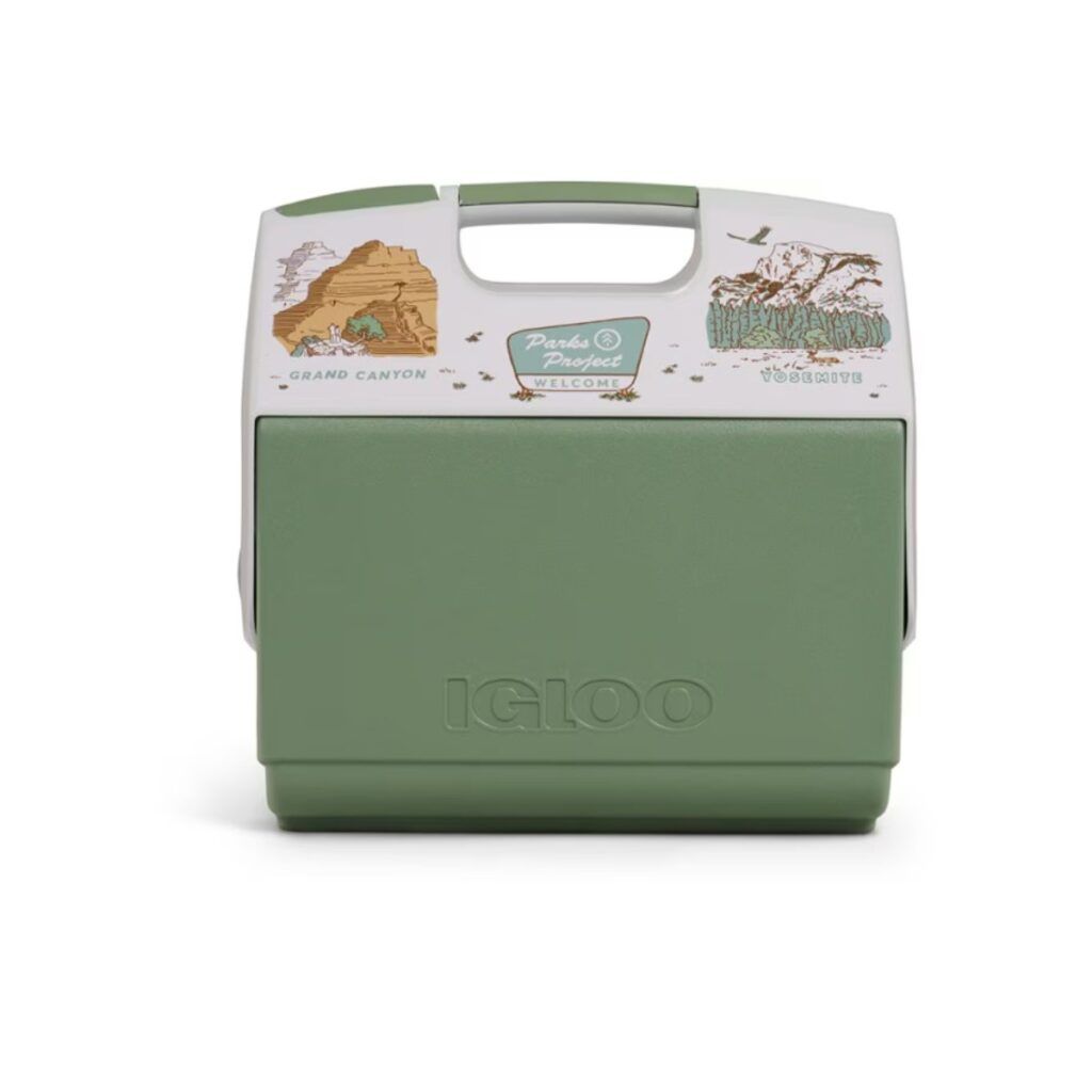 Igloo cooler decorated with outdoor scenes