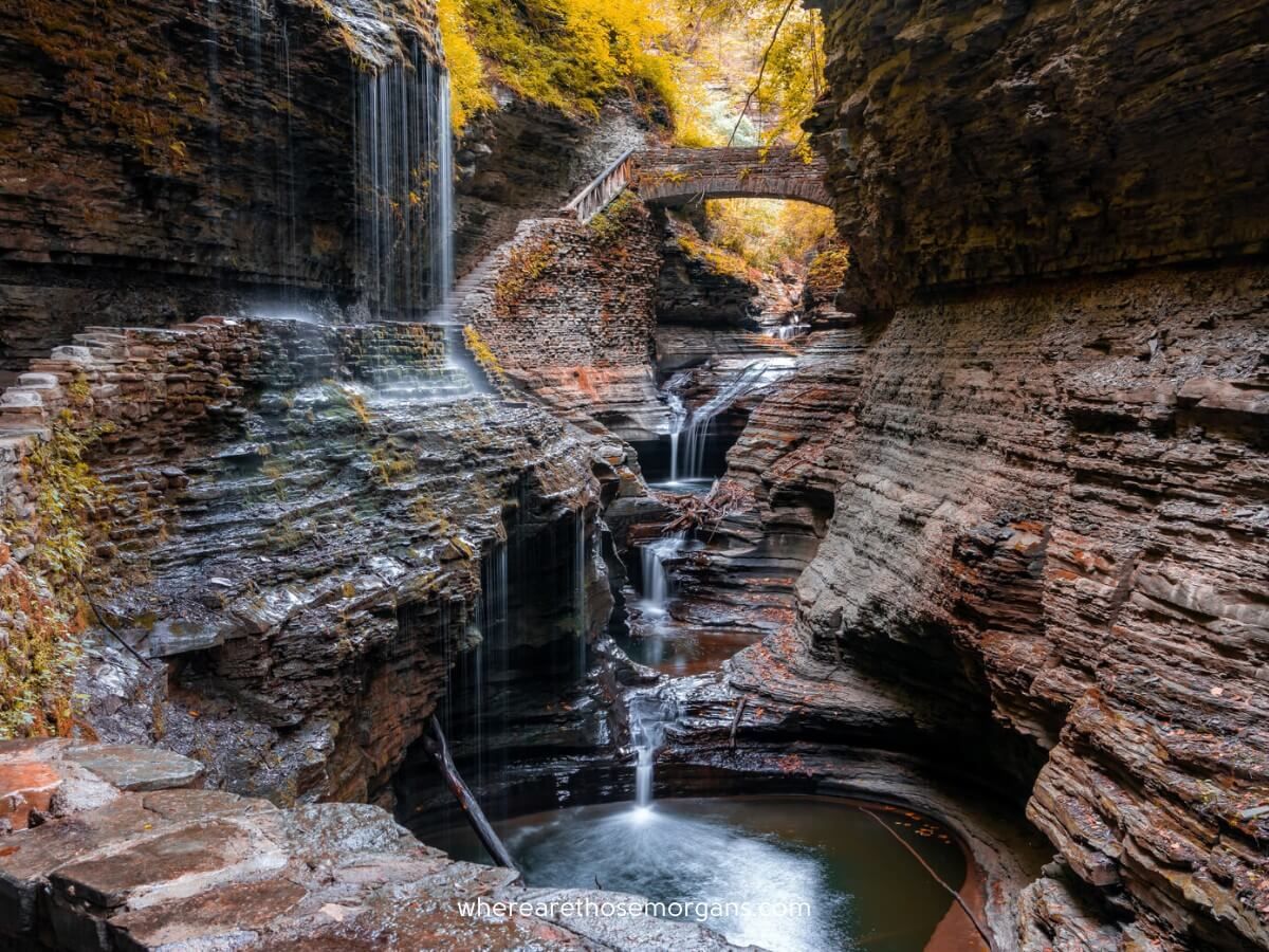 Rainbow falls at Watkins Glen state park with nearby cascades