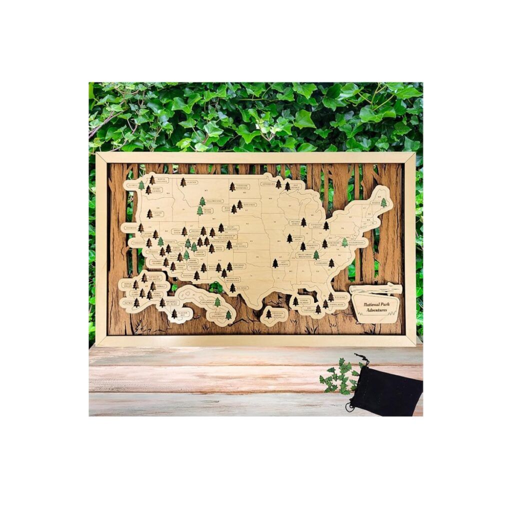 Wooden pin map featuring the us national parks