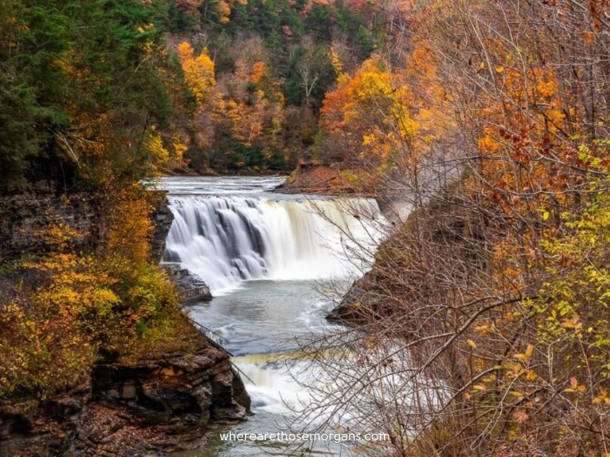 Lower falls at Letchworth State Park with autumn folliage