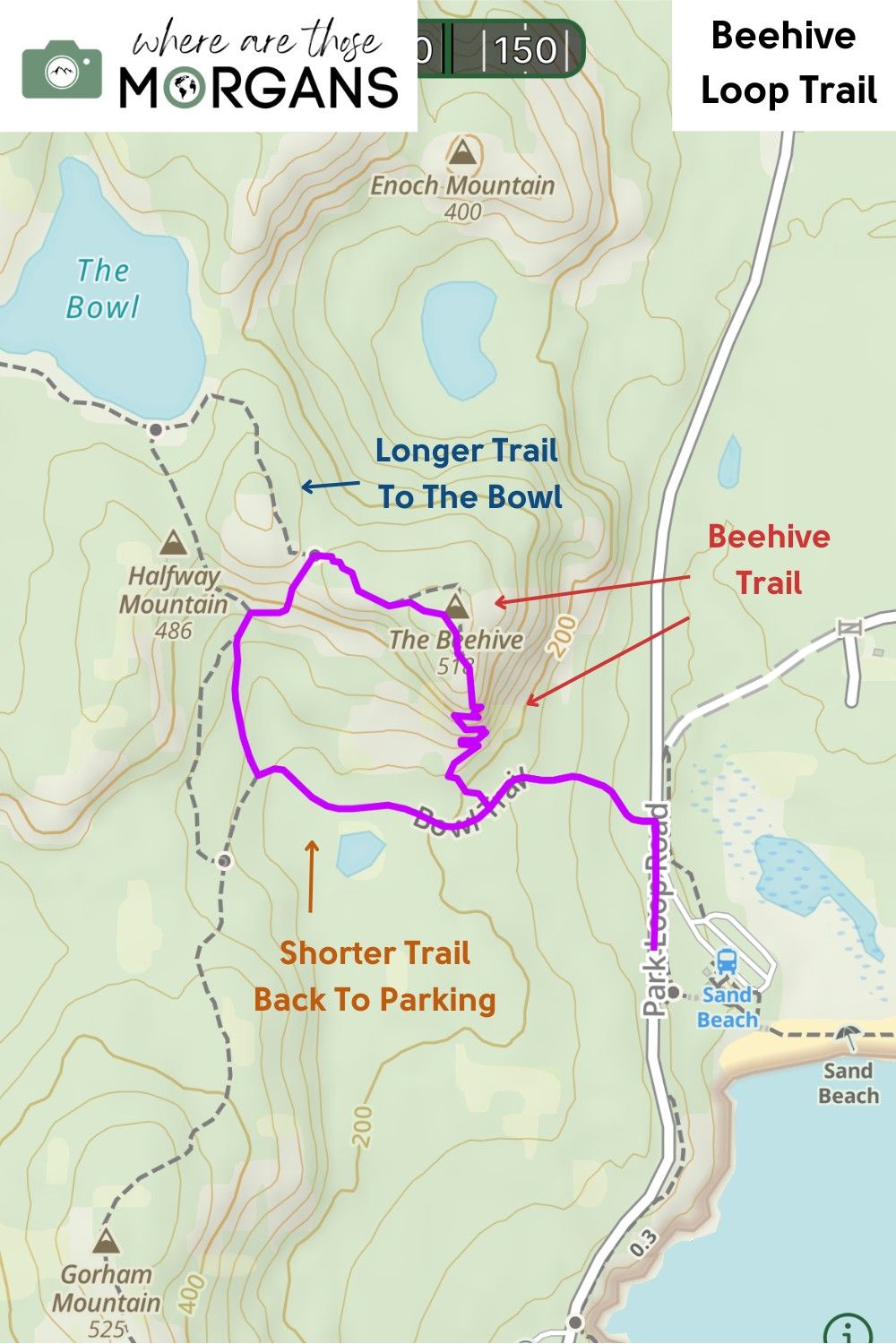 Map to show the route and hiking options for the Beehive Trail in Acadia