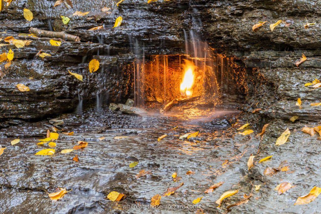 Close up view of the small flame burning inside a small grotto