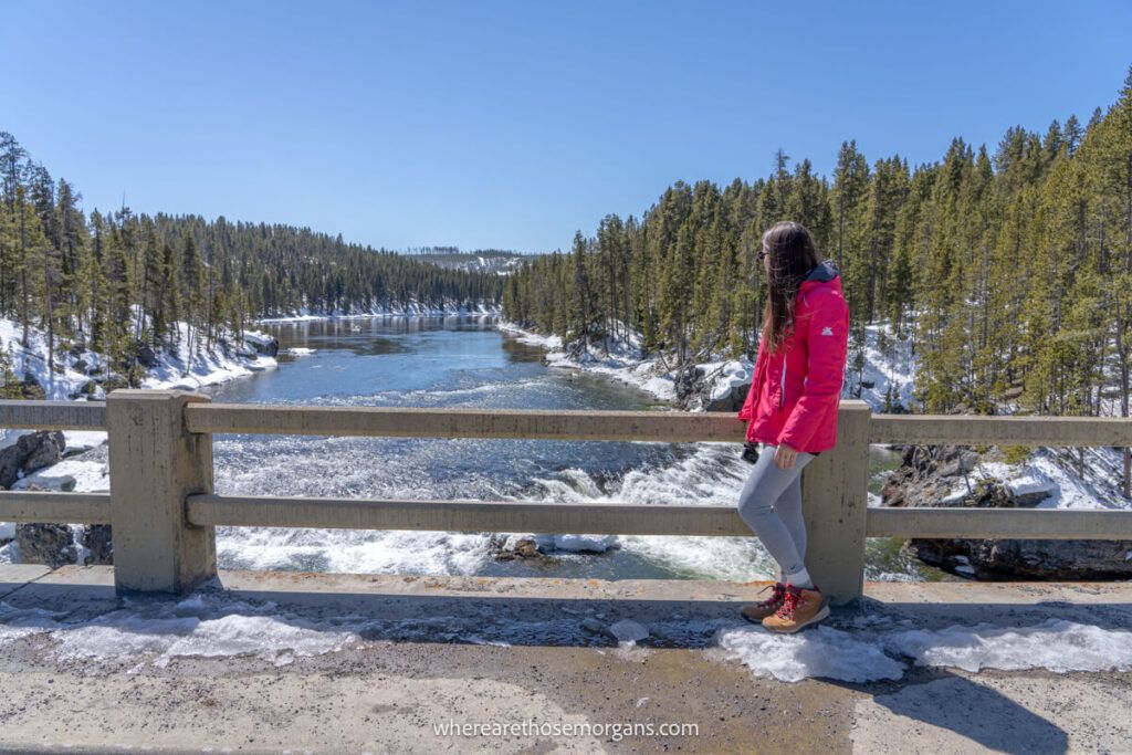 Hiker on a bridge looking out at the Yellowstone River