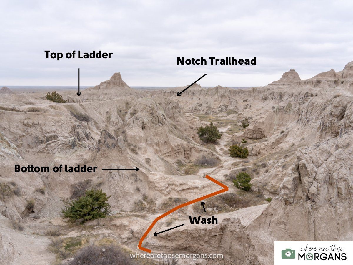 Map showing how to avoid the Badlands ladder by using a dry wash bed route instead