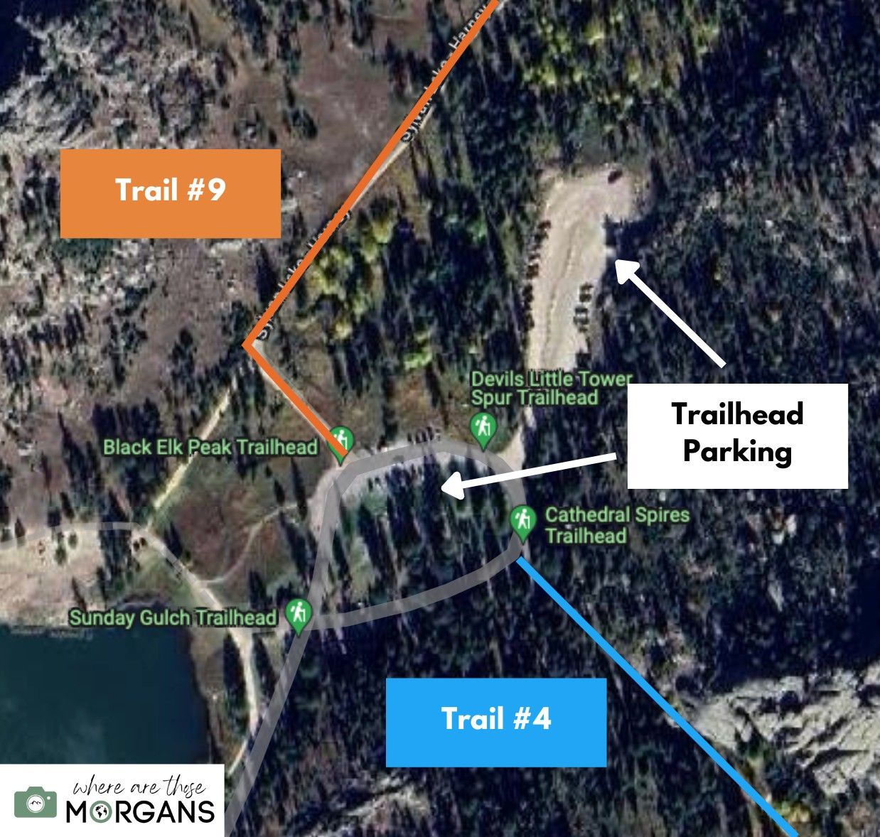 Map showing the parking lots at Black Elk Peak trailhead with route 4 and route 9 mapped for reference