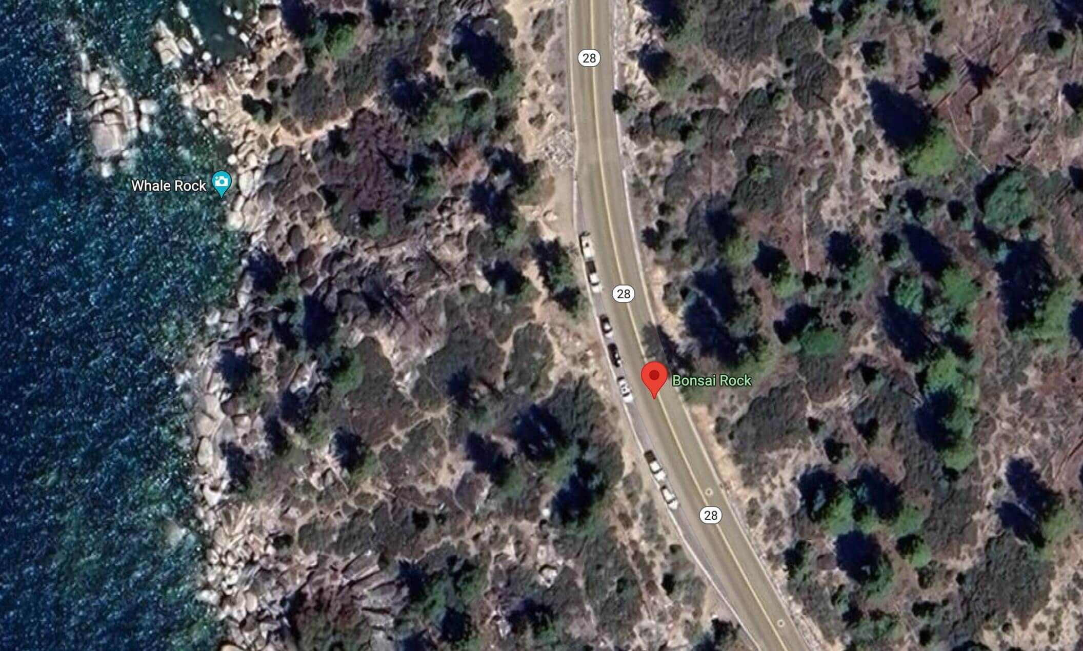Screenshot of Google Maps showing a birds eye view of the roadside parking area for hiking Bonsai Rock in Lake Tahoe