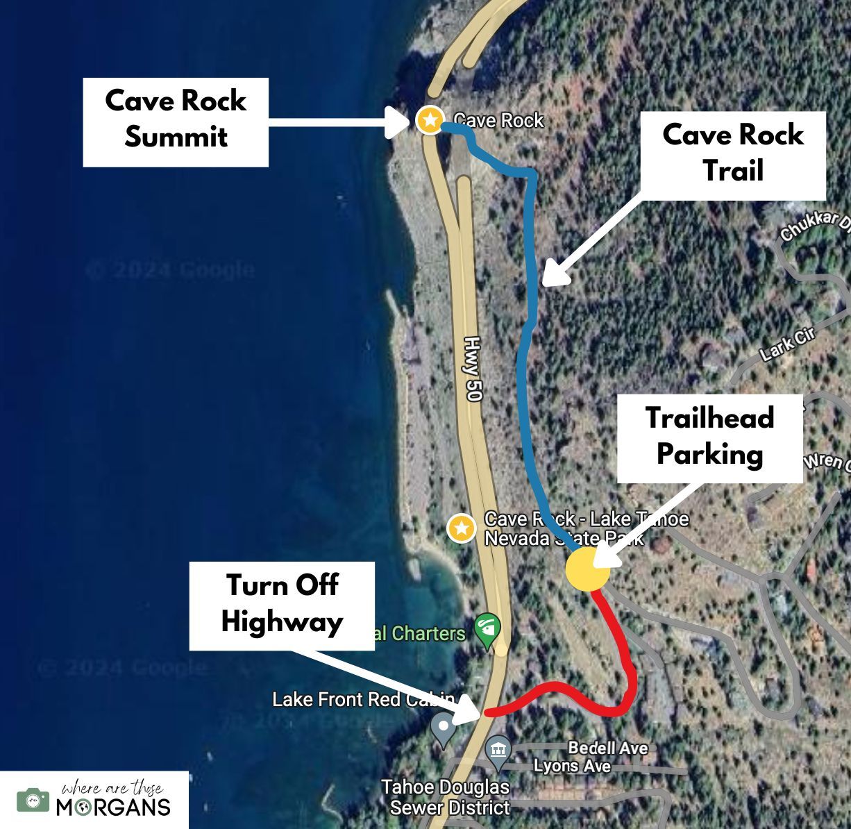Route map for hiking Cave Rock Trail in Lake Tahoe with parking, roads and trail directions from a Google Maps birds eye view screenshot