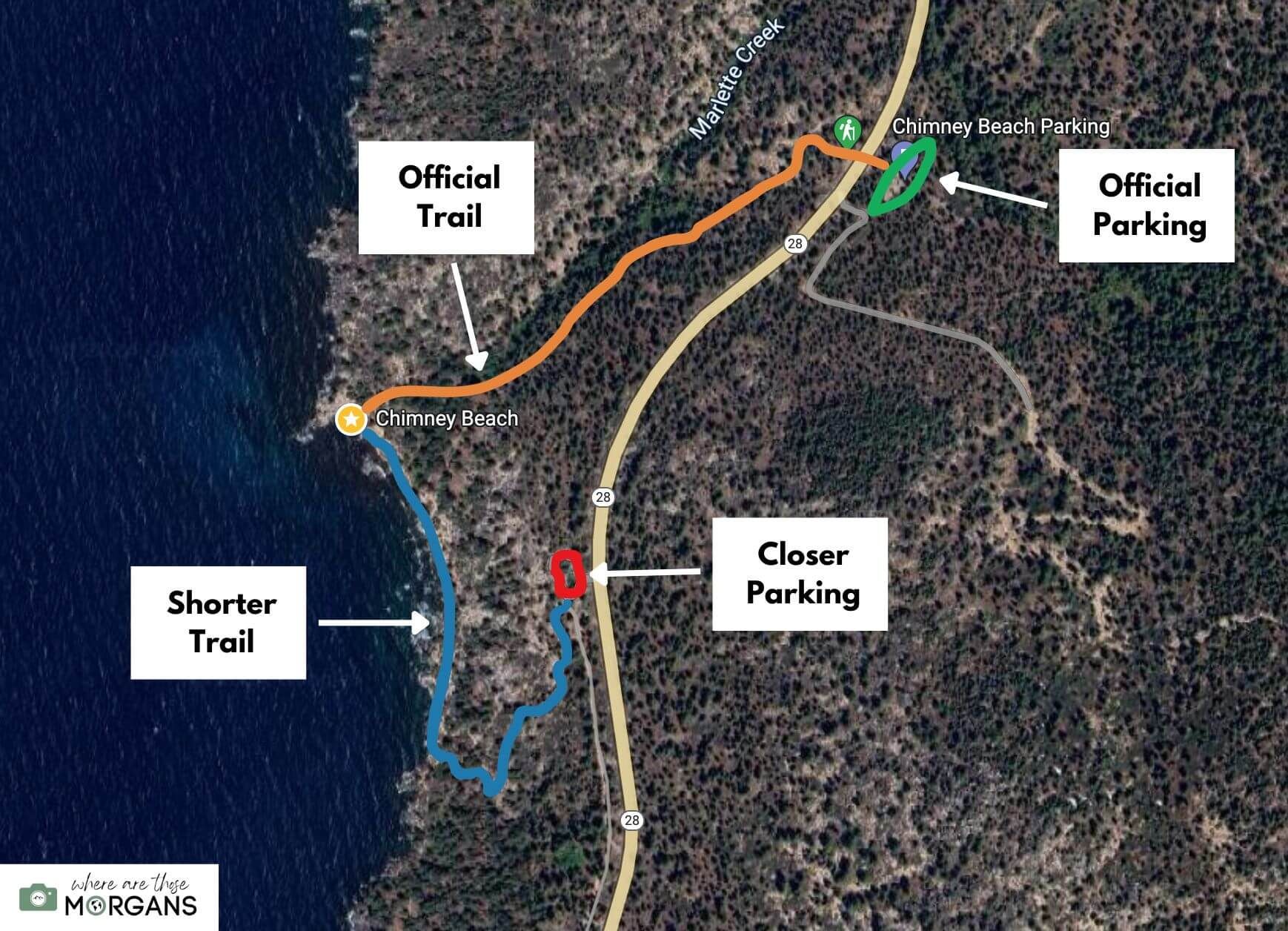 Map showing the different parking and hiking trail options to reach Chimney Beach in Lake Tahoe