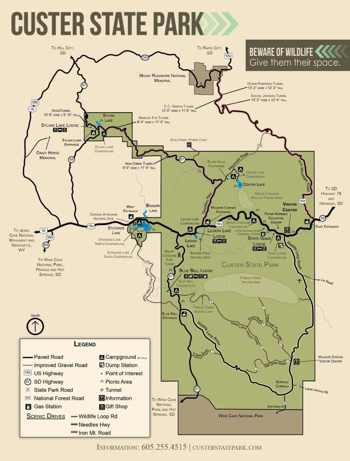 Map showing the layout of Custer State Park with its attractions and lodging