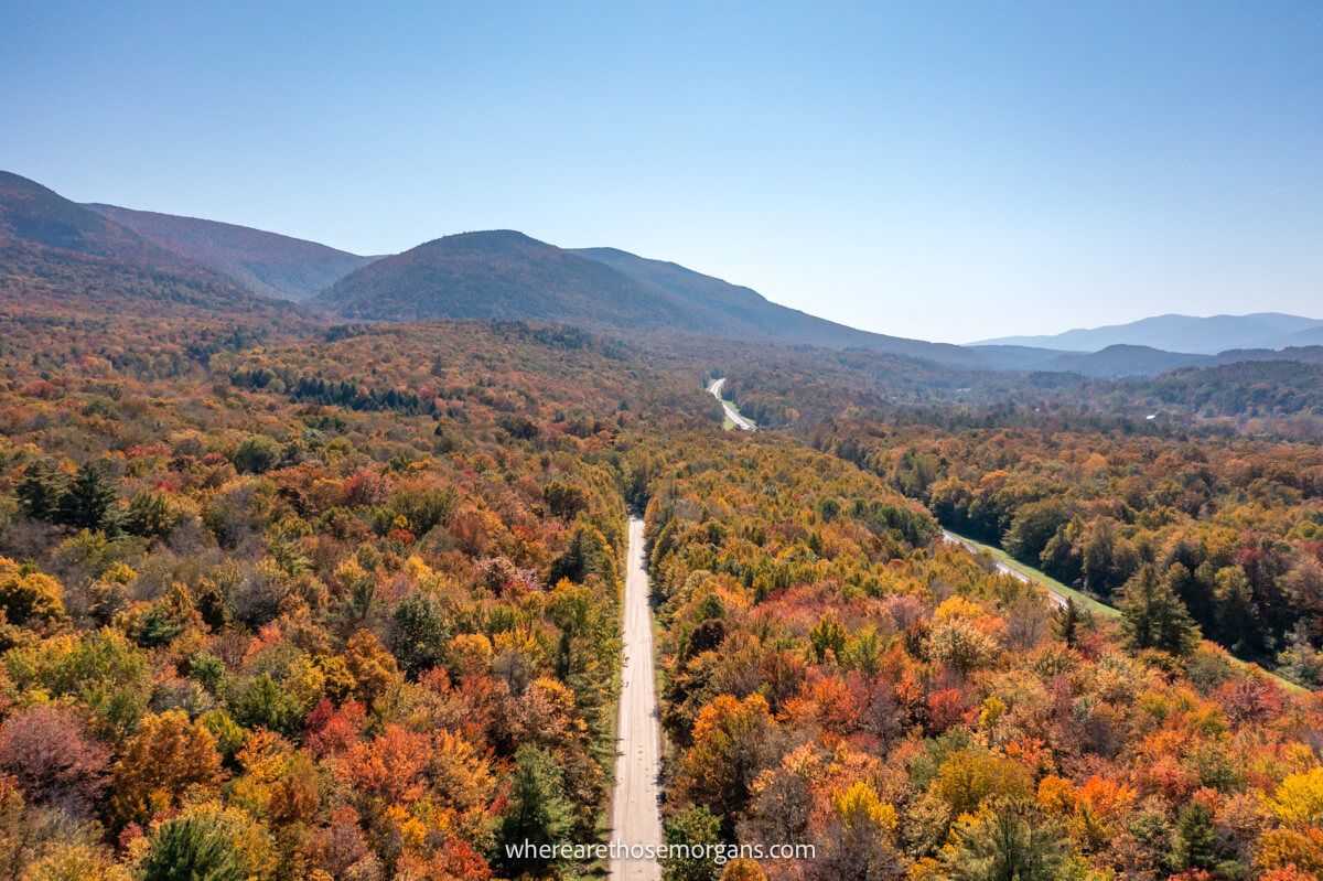 Drone photo of a road cutting straight through a cluster of trees with colorful leaves in a wide open landscape