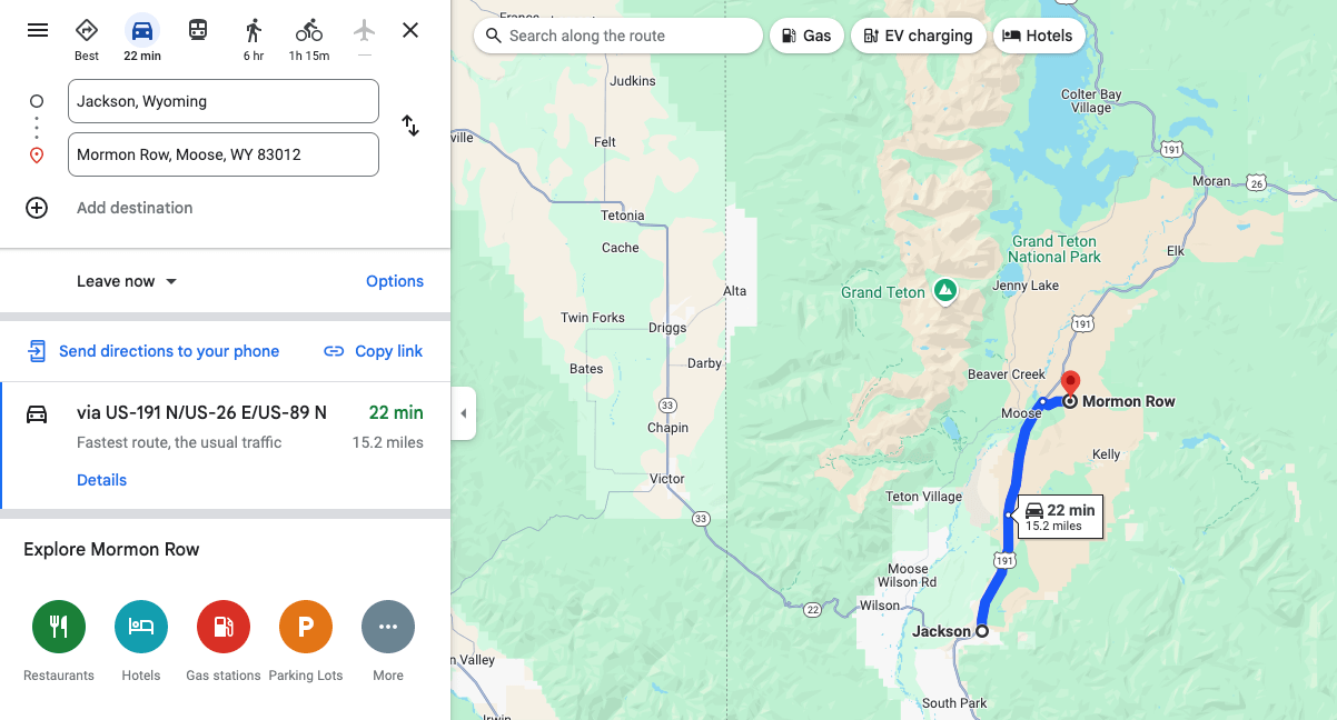 Screenshot of a Google Map showing directions from Jackson WY to Mormon Row in Grand Teton