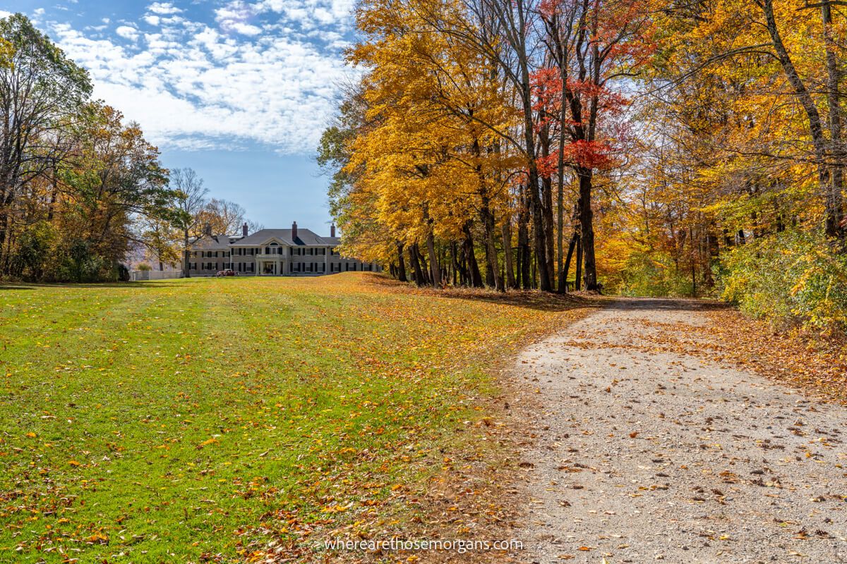 Large garden and road leading to trees and a stately building with colorful leaves on the ground and in trees