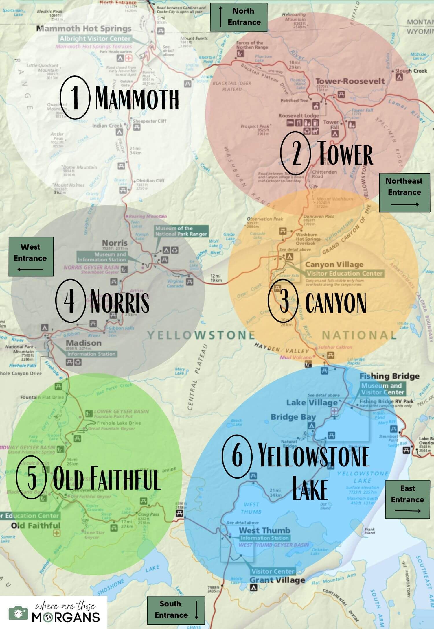 Map of Yellowstone broken down into 6 regions Mammoth, Tower, Canyon, Norris, Old Faithful and Yellowstone Lake, also showing directions to the 5 entrances.