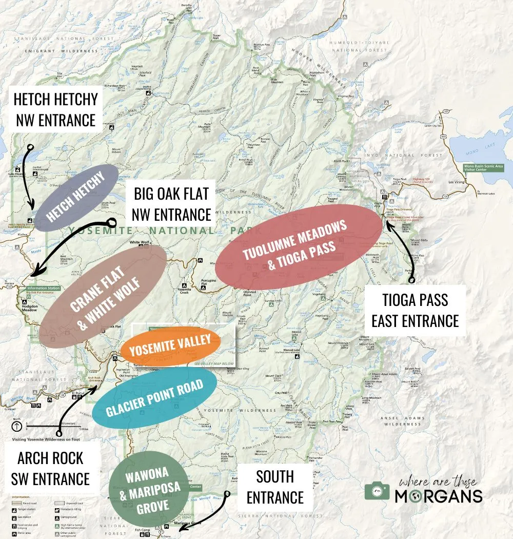 Map showing Yosemite National Park broken down into 5 regions, along with locations for each of the park's 5 entrances