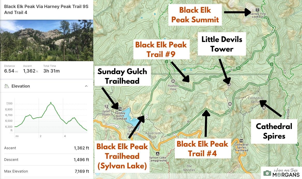Screenshot of Where Are Those Morgans Gaia GPS map with edits to show the Black Elk Peak Trail including trailhead, summit and potential spur trail options