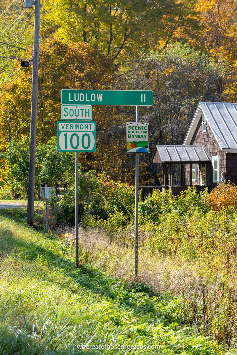 Route 100 sign marker on the side of the road in Vermont