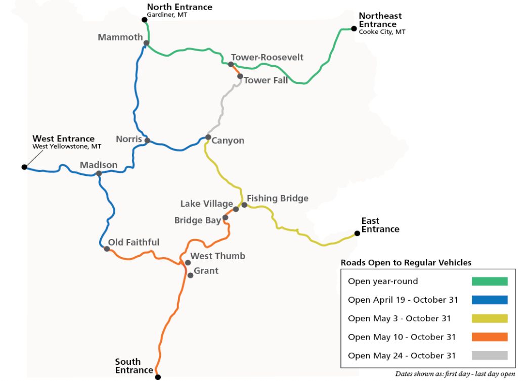Map showing Yellowstone's roads with opening and closing dates for 2024