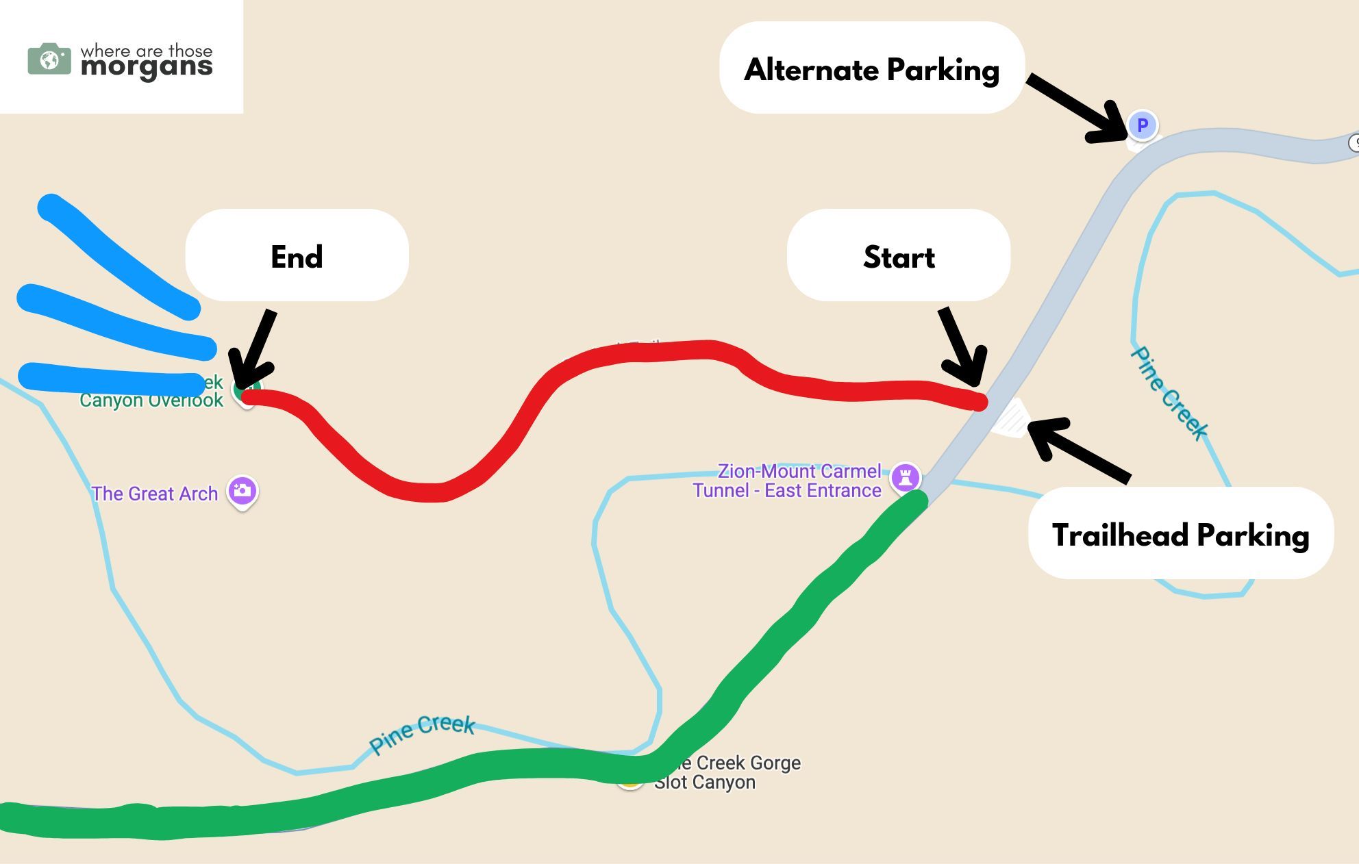 Map of the Zion Canyon Overlook Trail hike showing parking, trail and views